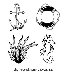 Set of hand drawn vector illustration in black and white. Marine clipart with seaweed, seahorse, anchor and life ring