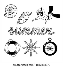Satz handgezeichneter Vektorgrafik auf Schwarz-Weiß. Clipkunst mit Taucher, Muscheln, Rettungsring, Schiffshelm-Rad und Buchstaben Sommer