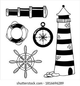 Set of hand drawn vector illustration in black and white. Marine clipart with life ring, ship helm wheel, compass, spy glass and lighthouse
