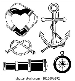 Set of hand drawn vector illustration in black and white. Marine clipart with heart shaped life ring, compass, anchor, sea boat rope knot and spy glass