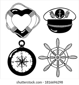 Conjunto de ilustraciones de vector dibujadas a mano en blanco y negro. Cabecera marina con anillo de vida en forma de corazón, brújula, sombrero capitano y rueda de casco de barco