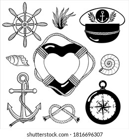 Conjunto de ilustraciones de vector dibujadas a mano en blanco y negro. Cabecera marina con anillo de vida en forma de corazón, brújula, ancla, conchas, nudo de cuerda de barco marino, algas marinas, sombrero capitano y rueda de casco de barco