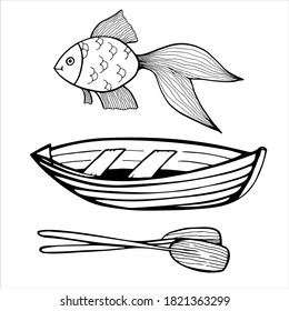 Set of hand drawn vector illustration in black and white. Clipart with boat with paddles and golden fish