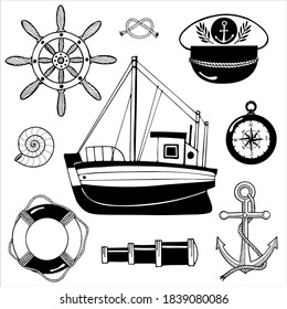 Conjunto de ilustraciones de vector dibujadas a mano en blanco y negro. Clipart con barco de pesca; rueda de casco; Sombrero de capitan; brújula; anillo de vida; anclaje; vidrio tímido; nudos marinos y conchas