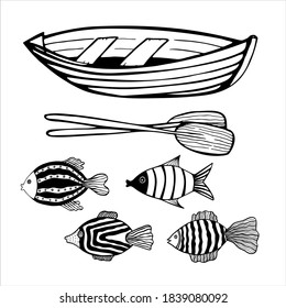 Set of hand drawn vector illustration in black and white. Clipart with rowboat with paddles and fishes