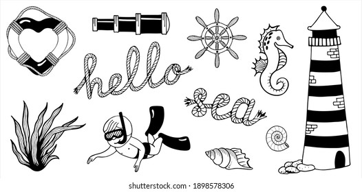 Set of hand drawn vector illustration in black and white. Marine clipart with heart shape life ring, seashells, seaweed, seahorse, ship helm wheel, spyglass, diver, lighthouse and lettering Hello sea