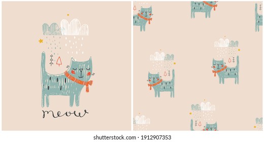 SET. Hand drawn vector illustration of cute cat  and seamless pattern. Can be used for kids or baby shirt design