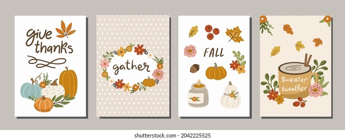 Set of hand drawn vector illustration fall autumn posters and cards for kids and nursery, Thanksgiving and seasonal greetings design. Hand written calligraphy lettering phrases, autumn clipart