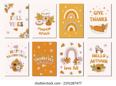 Set of hand drawn vector illustration fall autumn posters and cards, banners. Thanksgiving and seasonal greetings design in modern retro vintage groovy 60s 70s style.