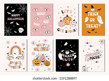 Set of hand drawn vector illustration fall autumn posters and cards, banners. Hippie Halloween invitation card, banner design in modern retro vintage groovy 60s 70s style.