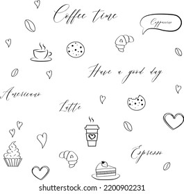 Set von handgezeichnet Vektorgrafik von Kaffee Doodles Sketch Elemente. Einzeln auf weißem Hintergrund