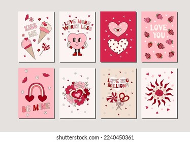 Conjunto de ilustraciones vectoriales hechas a mano Afiches y tarjetas de San Valentín, banners. El diseño de tarjetas de felicitación de San Valentín en estilo moderno retro vintage de los años 60 y 70.