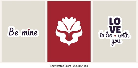 Set of hand drawn vector illustration Valentine's Day posters and cards, stickers. Valentine's day greeting cards design in modern retro vintage groovy