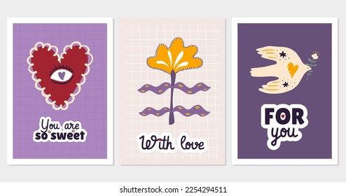 Set of hand drawn vector illustration Valentine's Day posters and cards, stickers. Valentine's day greeting cards design in modern retro vintage groovy