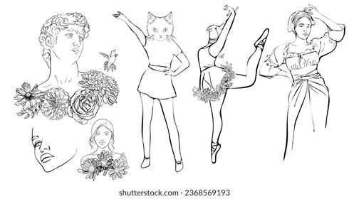 Set of hand drawn vector illustration woman with flowers and birds, sculpture David 