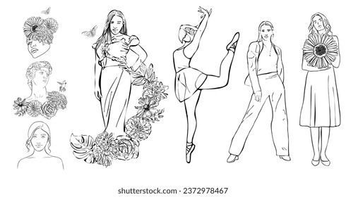 Conjunto de ilustraciones de vector dibujadas a mano mujer con flores y pájaros, escultura David 
