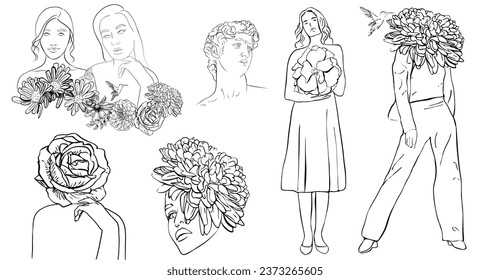 Set of hand drawn vector illustration woman with flowers and birds, sculpture David 