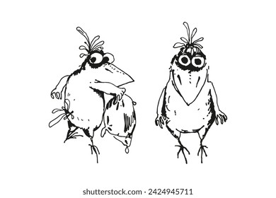 set of hand drawn vector illustration of cartoon funny crow, monochrome sketch of cute bird crow, inked silhouette of posing flying animal isolated on white background