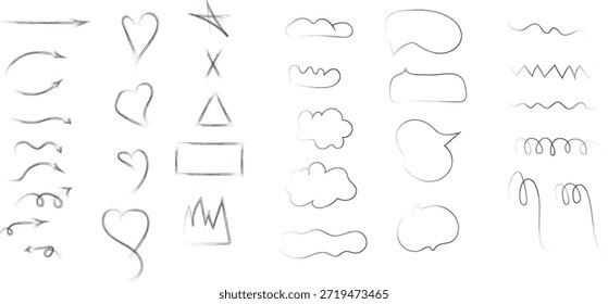  Conjunto de Ilustración vectorial dibujada a mano con burbujas de discurso de dibujos animados, flecha y nubes de pensamiento cómico