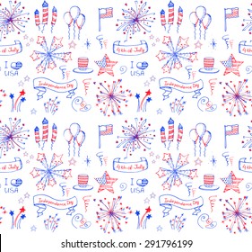 Set of hand drawn vector illustration elements Happy Independence Day, 4th of July, seamless background for Independence Day, fireworks, star, flag, I love USA, balloons, BBQ, drum, uncle Sam's hat