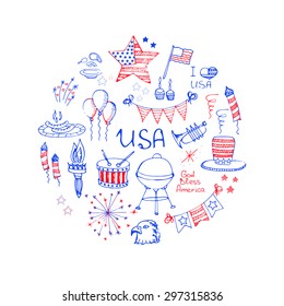Set of hand drawn vector illustration elements USA, set of design elements for United States of America, fireworks, star, flag, I love USA, balloons, BBQ, drum, uncle Sam's hat