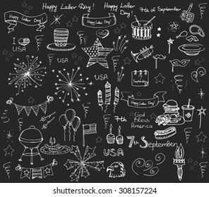 Set of hand drawn vector illustration elements Happy Labor Day, 7th of September, set of design elements for Labor Day, national holiday, fireworks, star, flag, I love USA