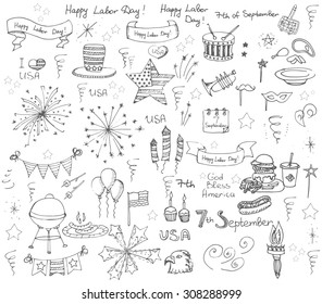 Set of hand drawn vector illustration elements Happy Labor Day, 7th of September, set of design elements for Labor Day, national holiday, fireworks, star, flag, I love USA