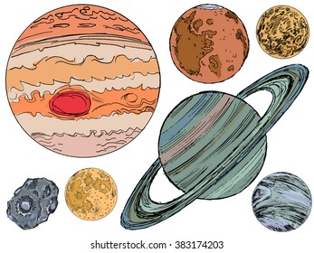 set of hand drawn, vector illustration of objects of solar system