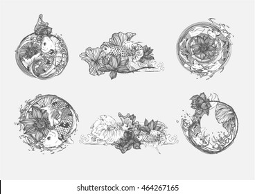 Set hand drawn vector illustration of Koi fish with lotus leaves and flower. Symbol of love, friendship and prosperity. for background and text