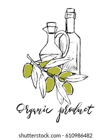 Set of hand drawn vector illustration and lettering olive oil, olive branch and bottle for olive oil labels, restaurant, natural products. perfect stickers and badges for your business