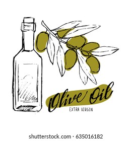 Set of hand drawn vector illustration and lettering olive oil, olive branch and bottle for olive oil labels, restaurant, natural products. perfect stickers and badges for your business