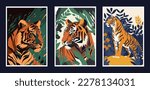 Set of hand drawn vector illustrations of tigers in the jungle. Can be used as a print on t-shirts and bags.