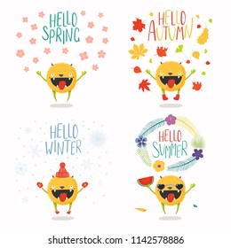 Set of hand drawn vector illustrations of a cute little monster in summer, autumn, winter, spring, with text. Isolated objects on white background. Flat style design. Concept seasons change, children.