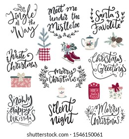 Set of hand drawn vector illustrations and hand written lettering phrases about Christmas holidays. Winter season and Merry Christmas celebration clipart and letterng collection for cards,posters,sal