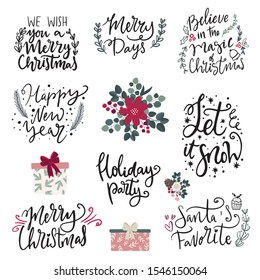 Set of hand drawn vector illustrations and hand written lettering phrases about Christmas holidays. Winter season and Merry Christmas celebration clipart and letterng collection for cards,posters,sal