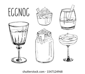 Set of hand drawn vector illustrations isolated on a white background. Eggnog. Traditional Christmas drinks, beverages, cocktails. Modern calligraphy. Clip art for winter holiday decorations