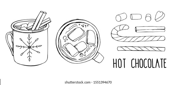 Set of hand drawn vector illustrations isolated on white. Hot chocolate with Christmas candy cane and marshmallow. Modern calligraphy. Clip art for winter holiday decorations. Top and side view