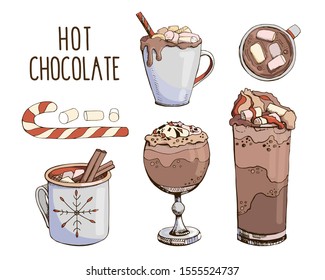 Set of hand drawn vector illustrations isolated on white. Hot chocolate with Christmas candy cane and marshmallow. Clip art. Design of cocktails for menu decoration. New Year mood board