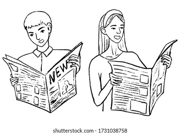 Set of hand drawn vector illustrations. People read the newspaper and show emotions of joy, surprise. Young guy and girl. Collection of image in simple doodles style. Outline drawing isolated on white