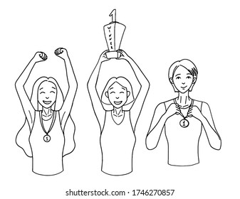 Set of hand drawn vector illustrations. Winning happy women, girls, holding cups and medals. Winners people concept. Contour doodle drawings in simple flat style isolated on white. Elements for design