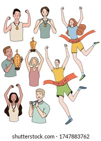 Conjunto de ilustraciones de vector dibujadas a mano. Hombres y mujeres ganadores, corriendo hasta el final, sosteniendo tazas y medallas. Concepto de ganadores. Dibujos de doodles de colores en un sencillo estilo plano aislados en blanco.