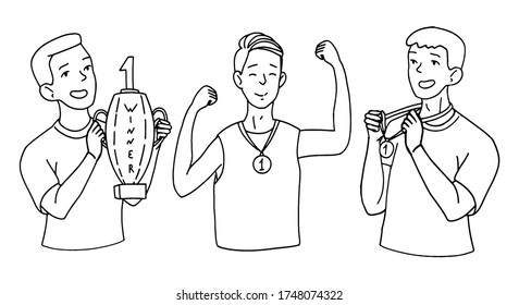 Satz handgezeichneter Vektorgrafiken. Gewinnen glückliche Männer, Jungs, halten Tassen und Medaillen. Gewinner Menschen Konzept. Konzentrieren Sie sich auf doodle Zeichnungen im einfachen, flachen Stil einzeln auf Weiß. Gestaltungselemente.