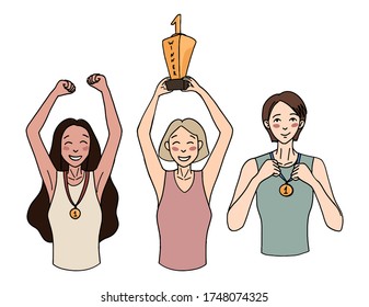 Conjunto de ilustraciones de vector dibujadas a mano. Ganando mujeres felices, niñas, llevando tazas y medallas. Concepto de ganadores. Dibujos de doodles de colores en un sencillo estilo plano aislados en blanco. Elementos para el diseño