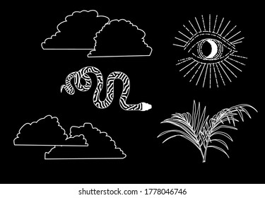 Set of hand drawn vector illustrations for stickers, patches and fashion badges. Snake, fern leaves, the eye of providence symbols on dark background.