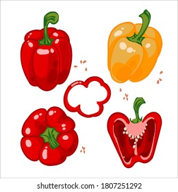 Set of hand drawn vector illustrations with sweet red and yellow peppers, pepper slices, top view. isolated on white background. Bell pepper cutaway. Juicy Farm Healthy Fresh cartoon vegetables.