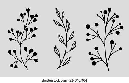Set of hand drawn vector illustrations with leaves, branches, flowers in black and white style