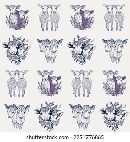 Set of hand drawn vector illustrations of cows with flowers and leaves. pettern