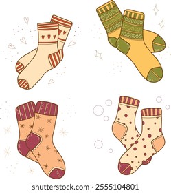 Set of hand drawn vector illustrations of warm socks. Knitted wool clothing. Outlines of elements of winter clothing. Winter is coming