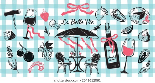 Conjunto de ilustrações vetoriais desenhadas à mão, vinho, ostras, frutas, tomates, lavanda, queijo. Culinária mediterrânea. Ilustração vetorial em estilo doodle