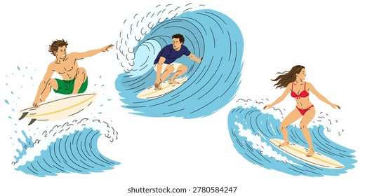 Set of hand drawn vector illustrations of diverse surfers riding big ocean waves isolated on white background